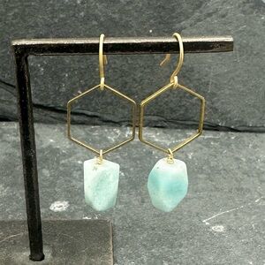 Gold Hexagon Earrings with Aqua Stone